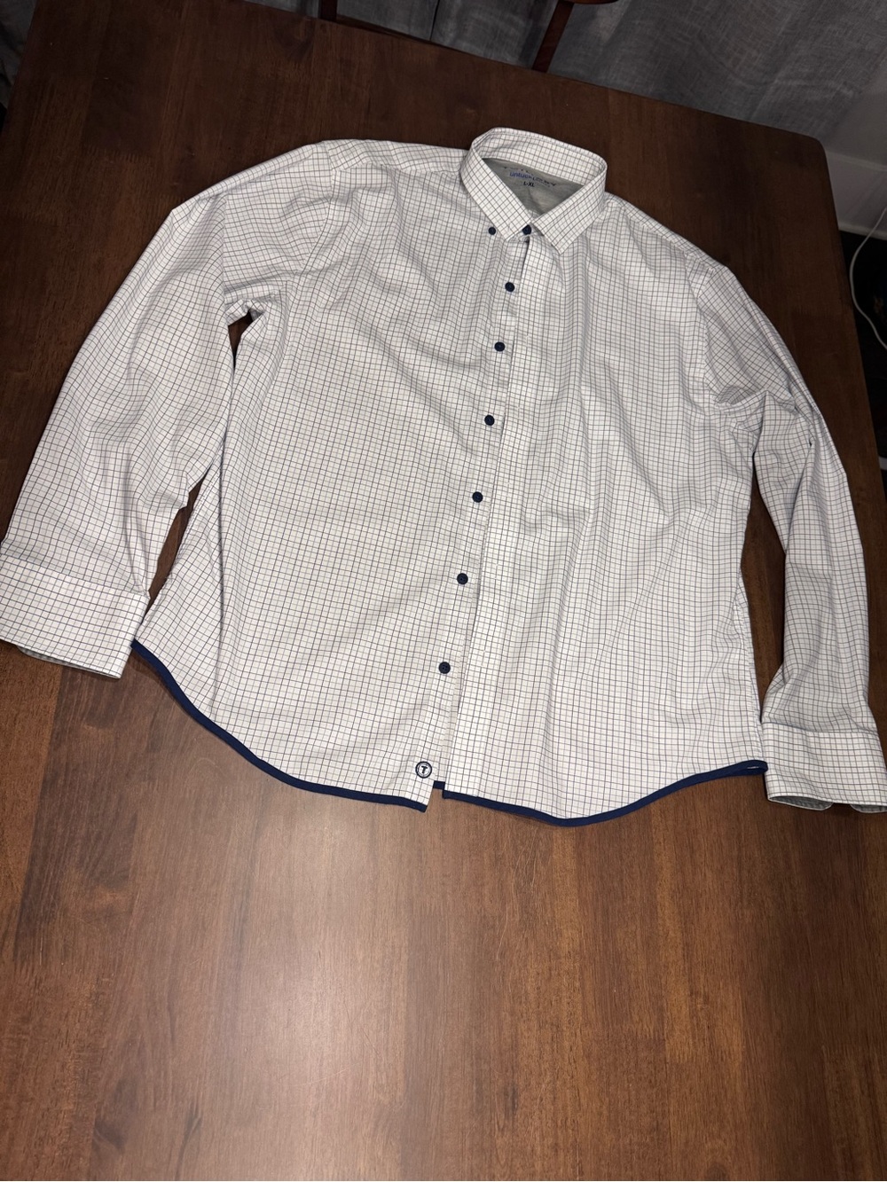 Men's White Checked Dress Shirt with Navy Trim